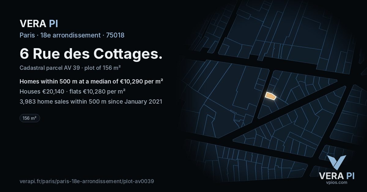 6 Rue des Cottages, 18e arrondissement at night – the plot lit, the parcels around coloured by the prices near them