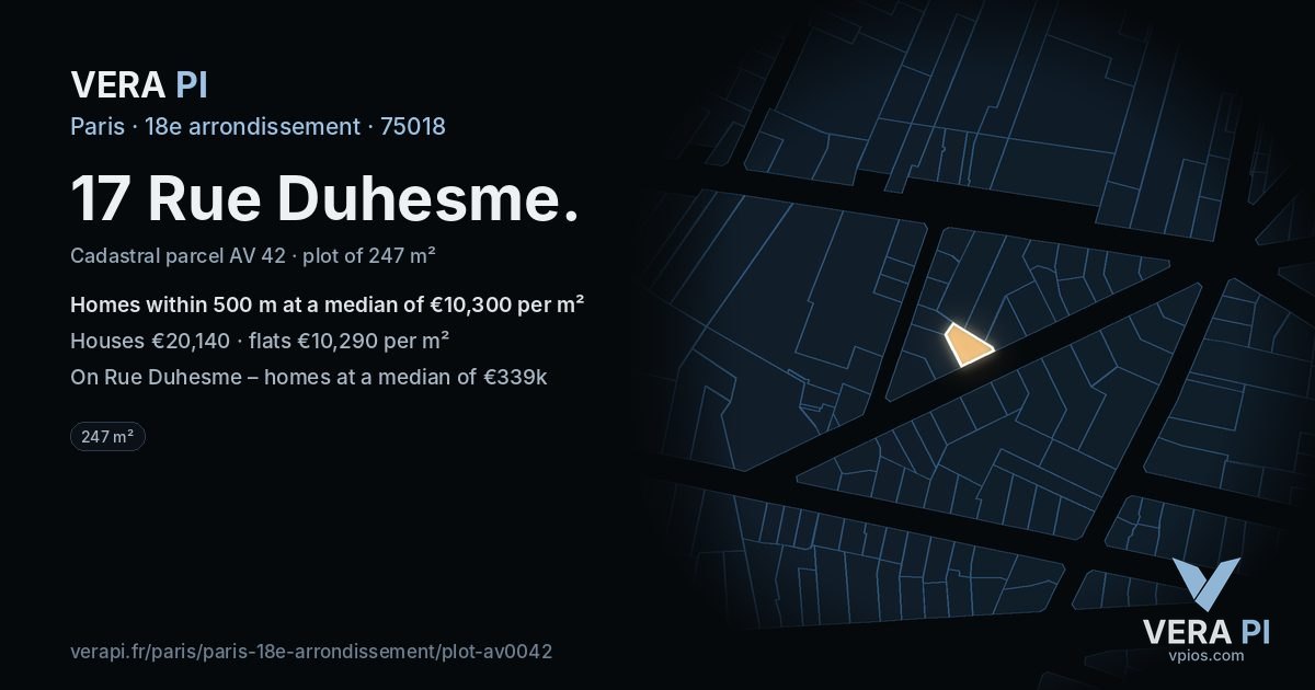 17 Rue Duhesme, 18e arrondissement at night – the plot lit, the parcels around coloured by the prices near them