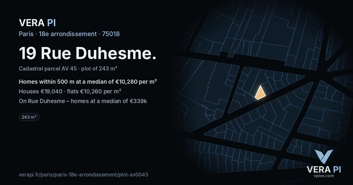 19 Rue Duhesme, 18e arrondissement at night – the plot lit, the parcels around coloured by the prices near them