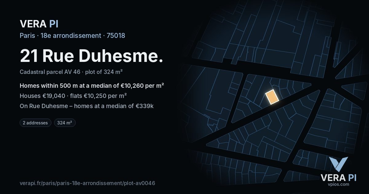 21 Rue Duhesme, 18e arrondissement at night – the plot lit, the parcels around coloured by the prices near them