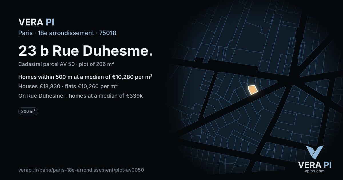 23 b Rue Duhesme, 18e arrondissement at night – the plot lit, the parcels around coloured by the prices near them