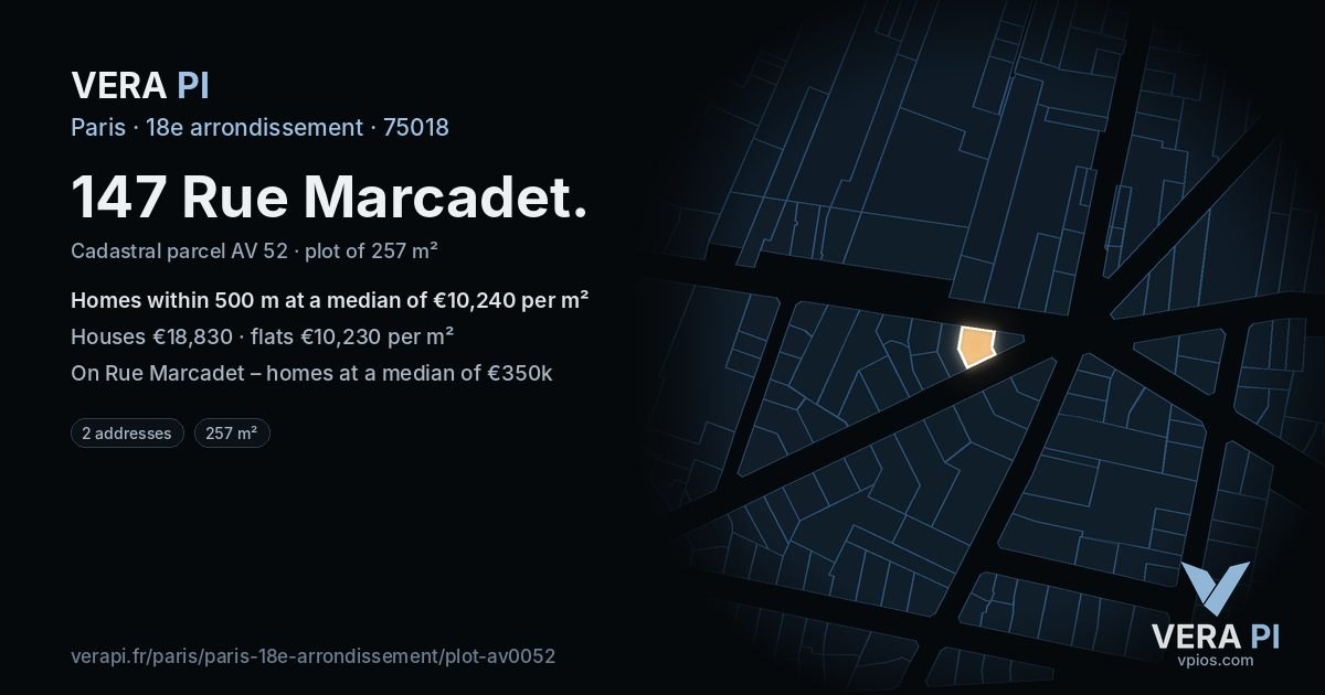 147 Rue Marcadet, 18e arrondissement at night – the plot lit, the parcels around coloured by the prices near them