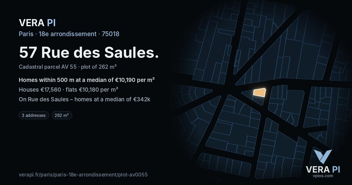57 Rue des Saules, 18e arrondissement at night – the plot lit, the parcels around coloured by the prices near them