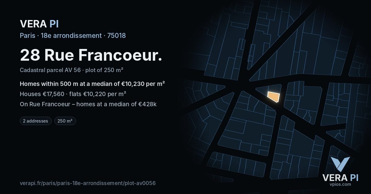 28 Rue Francoeur, 18e arrondissement at night – the plot lit, the parcels around coloured by the prices near them
