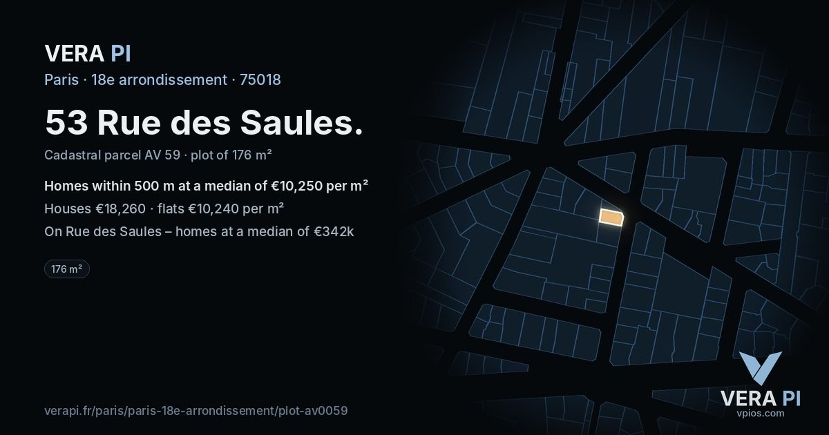 53 Rue des Saules, 18e arrondissement at night – the plot lit, the parcels around coloured by the prices near them
