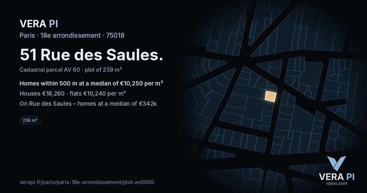 51 Rue des Saules, 18e arrondissement at night – the plot lit, the parcels around coloured by the prices near them