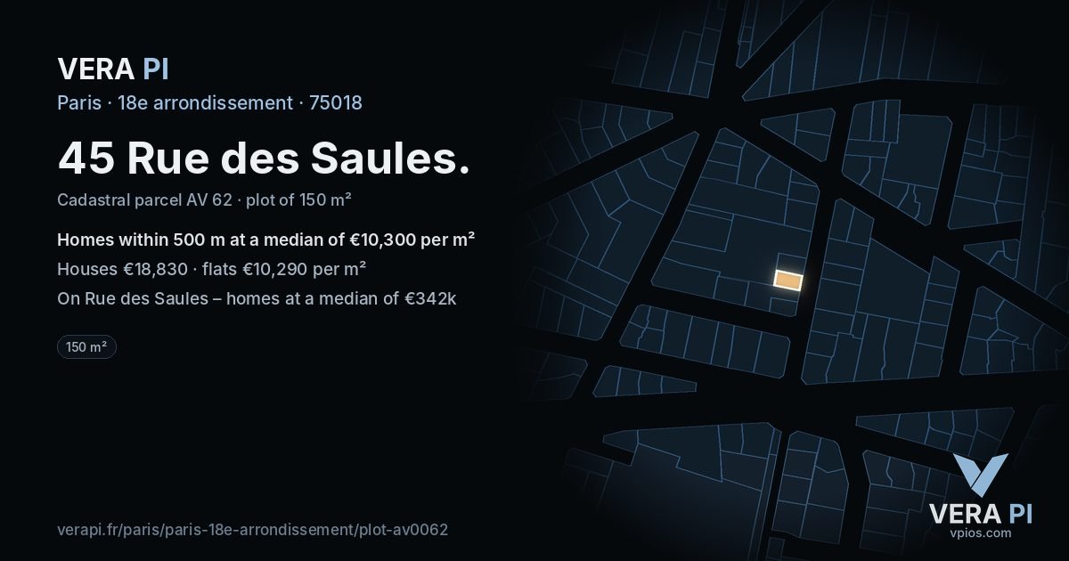 45 Rue des Saules, 18e arrondissement at night – the plot lit, the parcels around coloured by the prices near them
