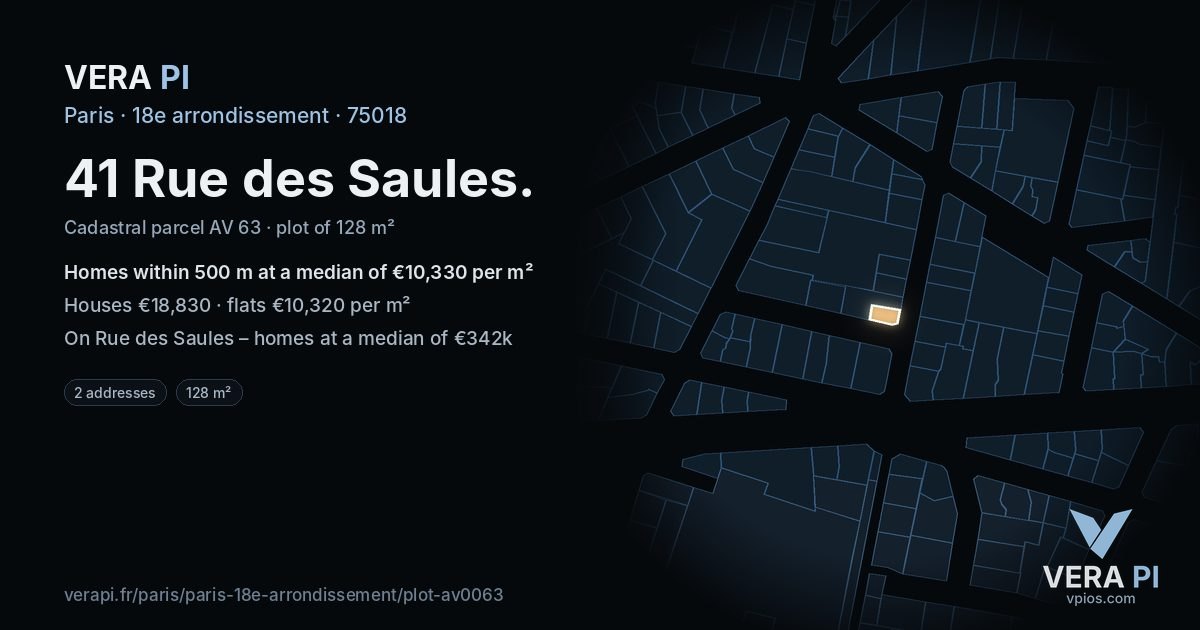 41 Rue des Saules, 18e arrondissement at night – the plot lit, the parcels around coloured by the prices near them