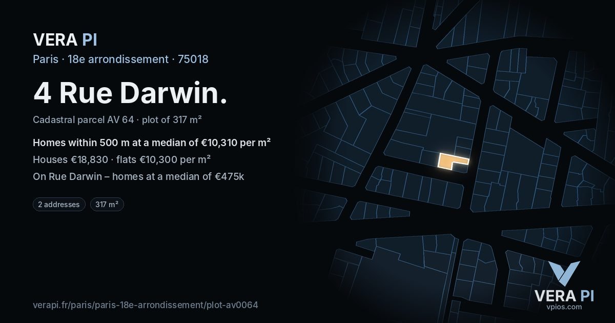 4 Rue Darwin, 18e arrondissement at night – the plot lit, the parcels around coloured by the prices near them