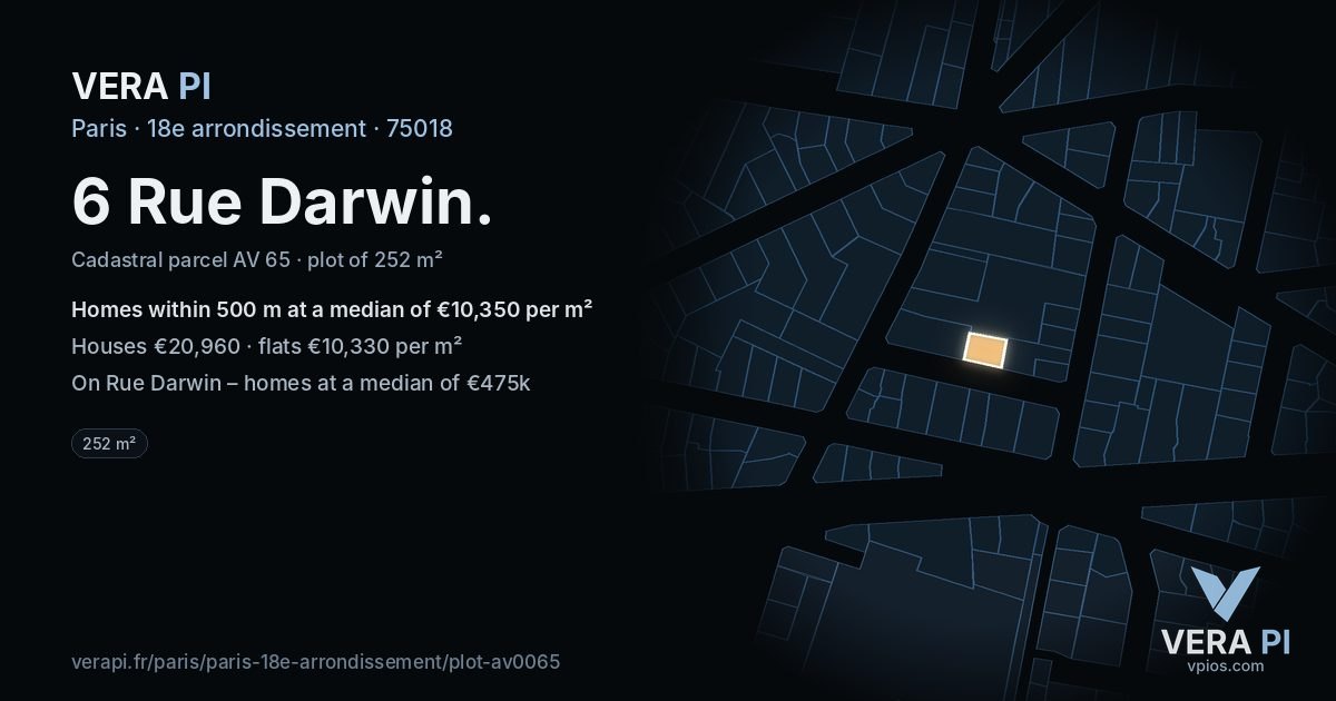 6 Rue Darwin, 18e arrondissement at night – the plot lit, the parcels around coloured by the prices near them