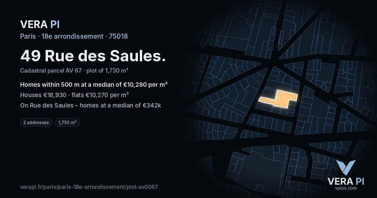 49 Rue des Saules, 18e arrondissement at night – the plot lit, the parcels around coloured by the prices near them