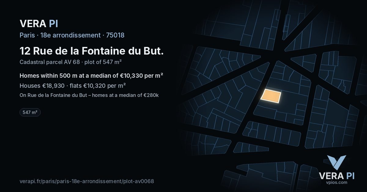 12 Rue de la Fontaine du But, 18e arrondissement at night – the plot lit, the parcels around coloured by the prices near them