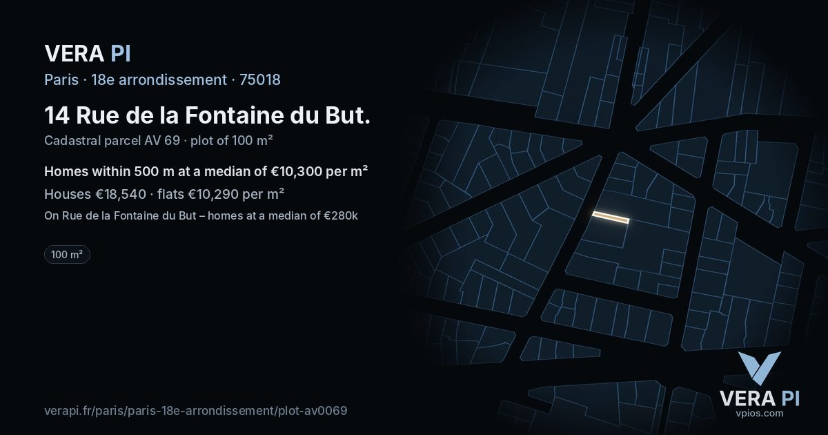 14 Rue de la Fontaine du But, 18e arrondissement at night – the plot lit, the parcels around coloured by the prices near them