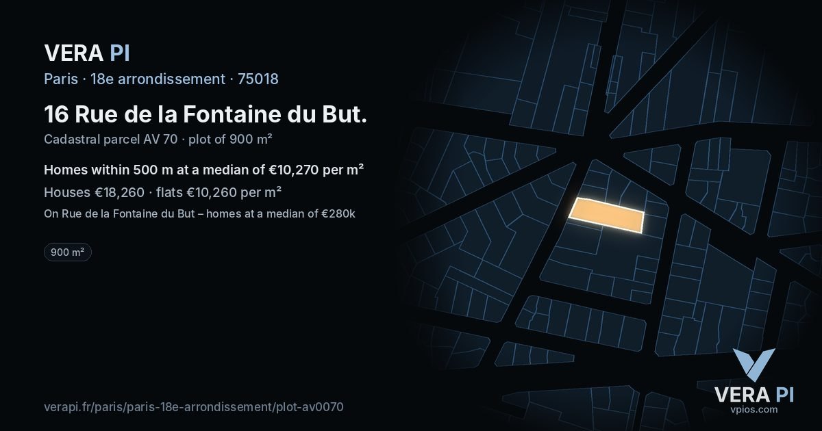 16 Rue de la Fontaine du But, 18e arrondissement at night – the plot lit, the parcels around coloured by the prices near them