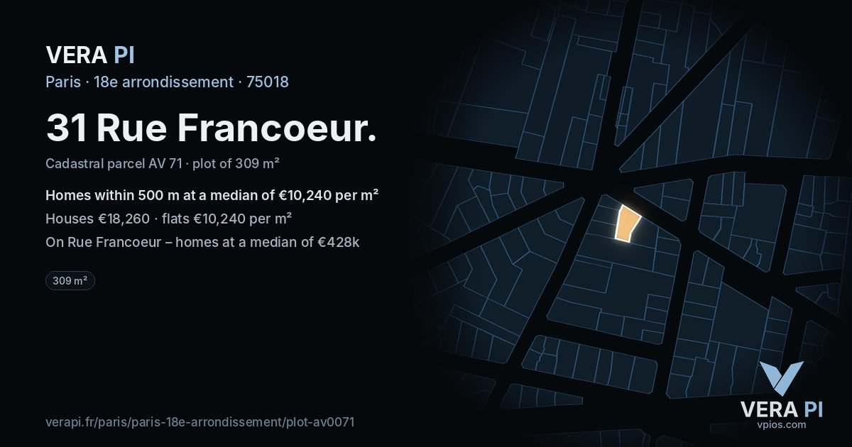31 Rue Francoeur, 18e arrondissement at night – the plot lit, the parcels around coloured by the prices near them
