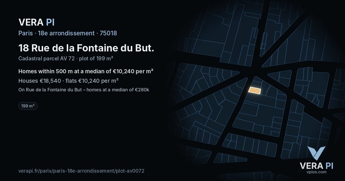 18 Rue de la Fontaine du But, 18e arrondissement at night – the plot lit, the parcels around coloured by the prices near them
