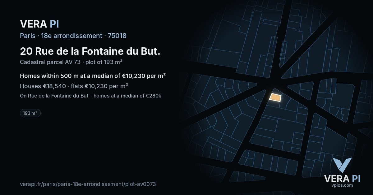 20 Rue de la Fontaine du But, 18e arrondissement at night – the plot lit, the parcels around coloured by the prices near them