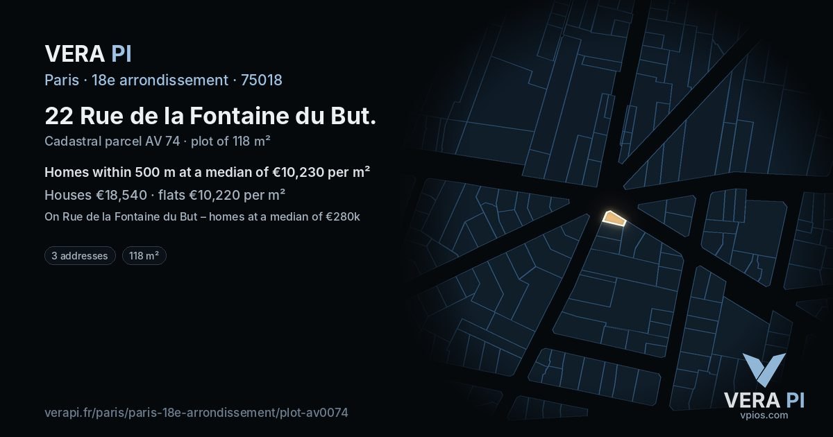 22 Rue de la Fontaine du But, 18e arrondissement at night – the plot lit, the parcels around coloured by the prices near them