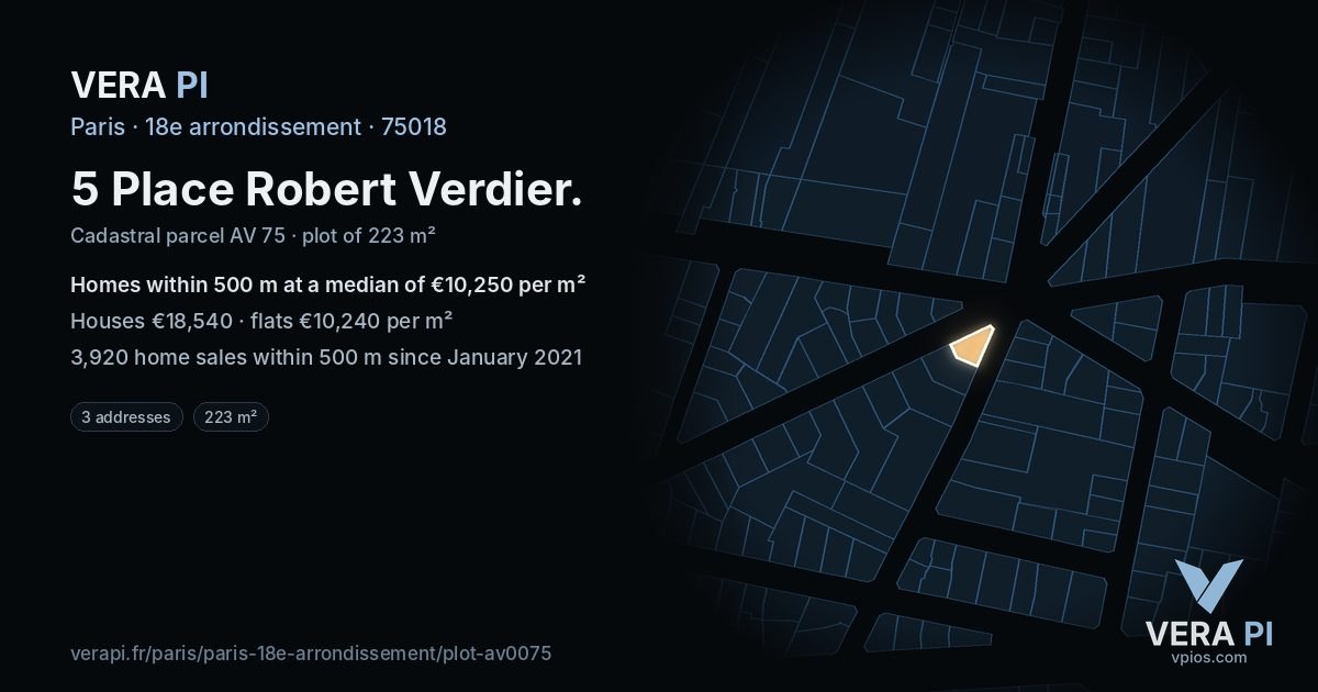 5 Place Robert Verdier, 18e arrondissement at night – the plot lit, the parcels around coloured by the prices near them
