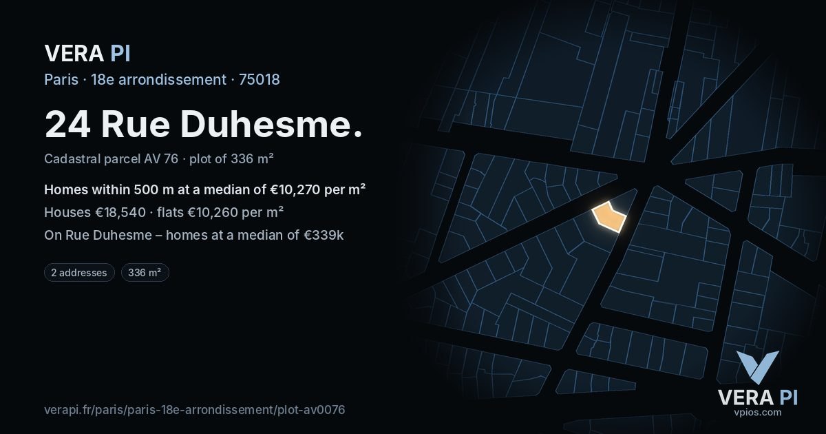 24 Rue Duhesme, 18e arrondissement at night – the plot lit, the parcels around coloured by the prices near them