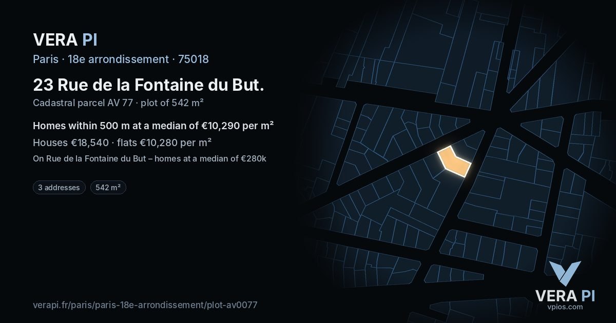 23 Rue de la Fontaine du But, 18e arrondissement at night – the plot lit, the parcels around coloured by the prices near them