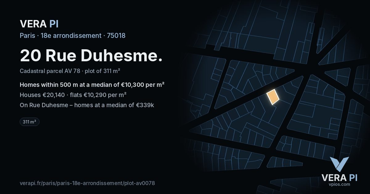 20 Rue Duhesme, 18e arrondissement at night – the plot lit, the parcels around coloured by the prices near them