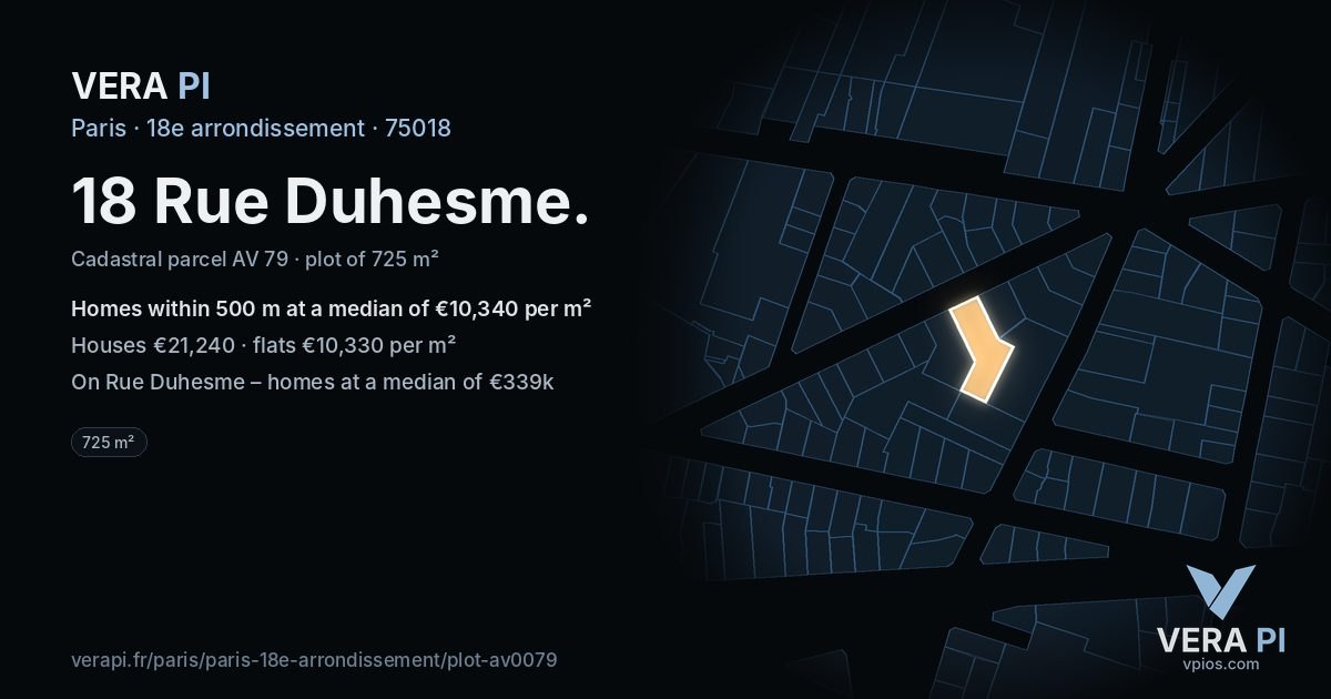 18 Rue Duhesme, 18e arrondissement at night – the plot lit, the parcels around coloured by the prices near them