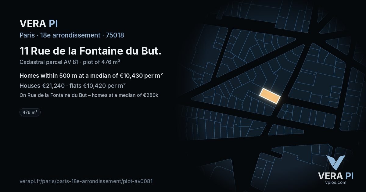 11 Rue de la Fontaine du But, 18e arrondissement at night – the plot lit, the parcels around coloured by the prices near them