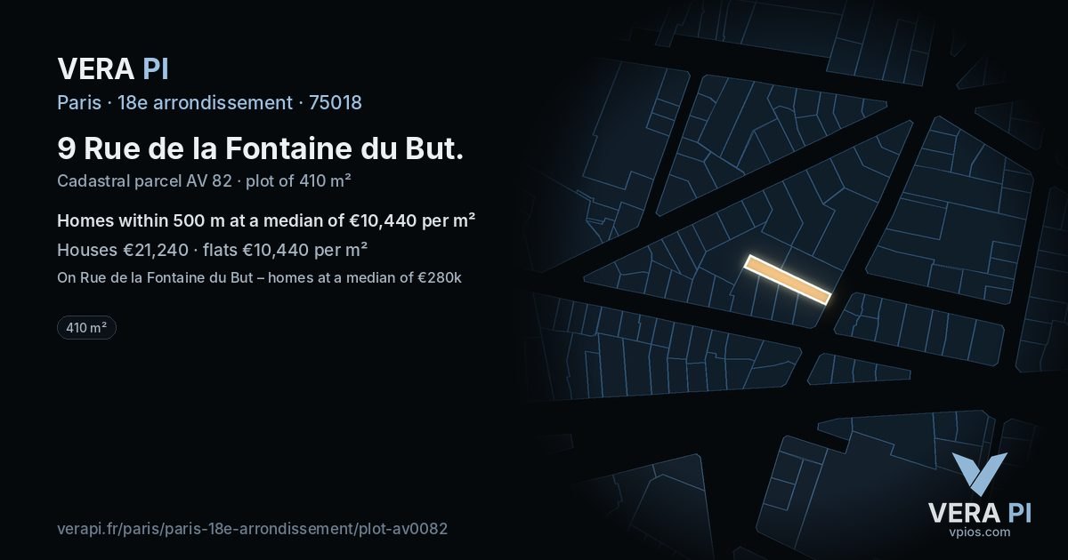 9 Rue de la Fontaine du But, 18e arrondissement at night – the plot lit, the parcels around coloured by the prices near them