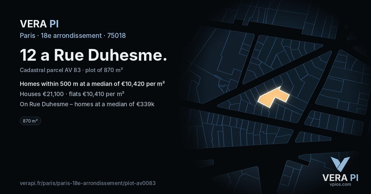 12 a Rue Duhesme, 18e arrondissement at night – the plot lit, the parcels around coloured by the prices near them