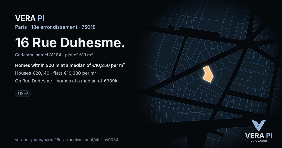 16 Rue Duhesme, 18e arrondissement at night – the plot lit, the parcels around coloured by the prices near them