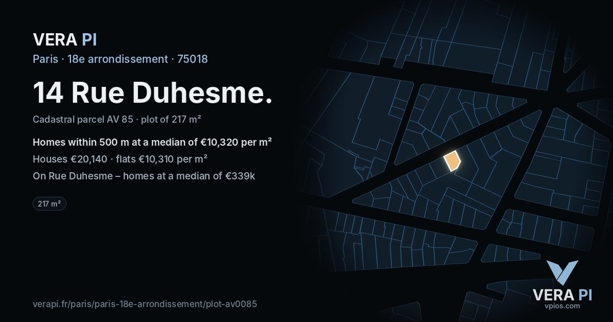 14 Rue Duhesme, 18e arrondissement at night – the plot lit, the parcels around coloured by the prices near them