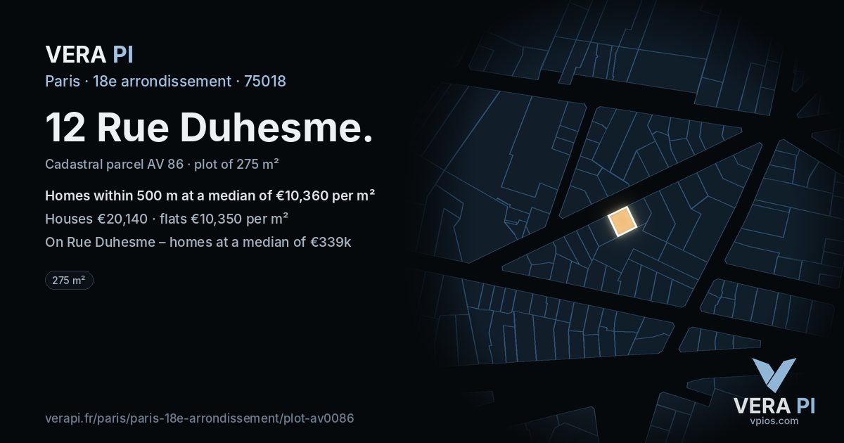 12 Rue Duhesme, 18e arrondissement at night – the plot lit, the parcels around coloured by the prices near them