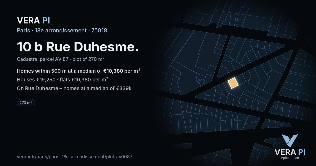 10 b Rue Duhesme, 18e arrondissement at night – the plot lit, the parcels around coloured by the prices near them