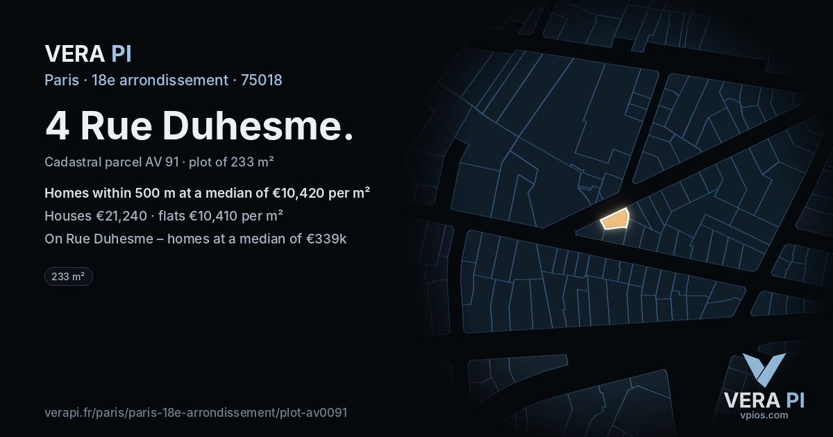 4 Rue Duhesme, 18e arrondissement at night – the plot lit, the parcels around coloured by the prices near them