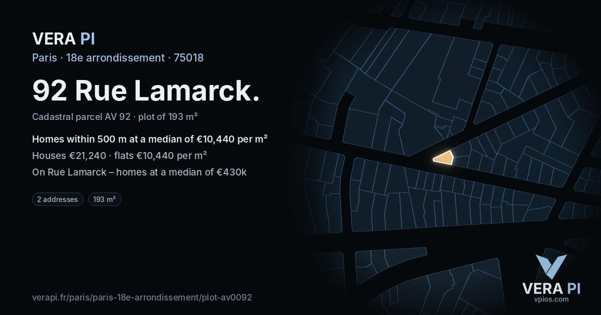 92 Rue Lamarck, 18e arrondissement at night – the plot lit, the parcels around coloured by the prices near them