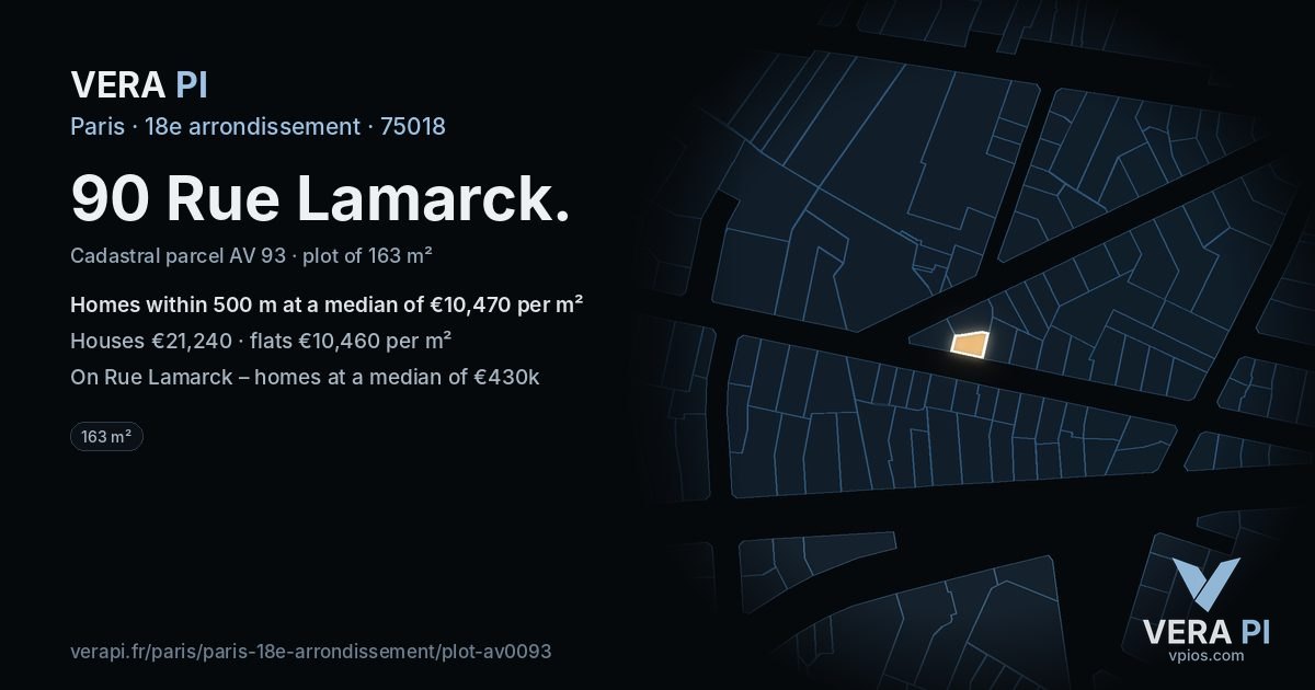 90 Rue Lamarck, 18e arrondissement at night – the plot lit, the parcels around coloured by the prices near them