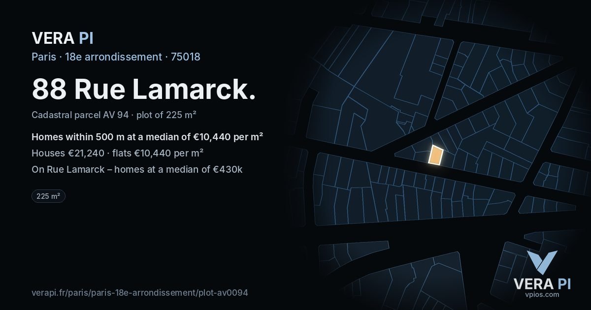 88 Rue Lamarck, 18e arrondissement at night – the plot lit, the parcels around coloured by the prices near them