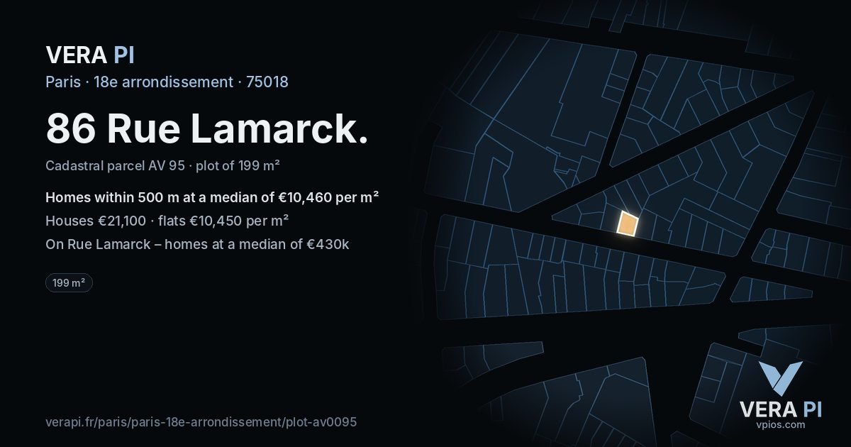 86 Rue Lamarck, 18e arrondissement at night – the plot lit, the parcels around coloured by the prices near them