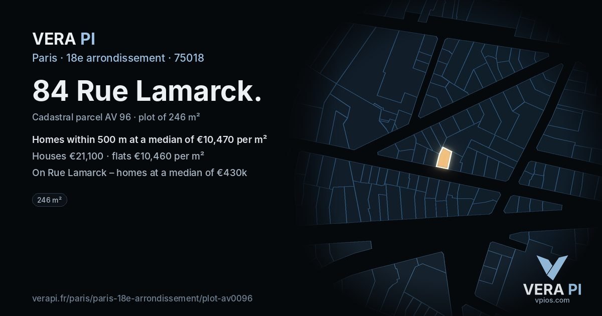 84 Rue Lamarck, 18e arrondissement at night – the plot lit, the parcels around coloured by the prices near them