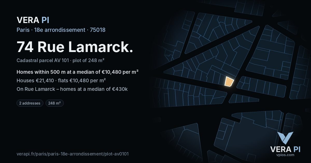74 Rue Lamarck, 18e arrondissement at night – the plot lit, the parcels around coloured by the prices near them
