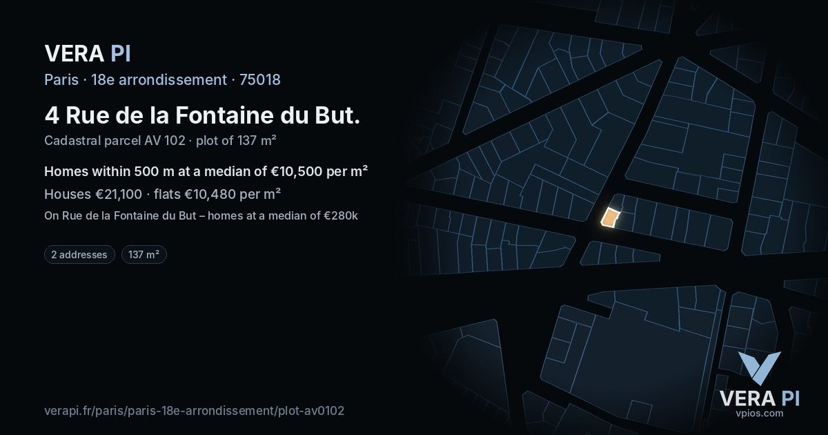 4 Rue de la Fontaine du But, 18e arrondissement at night – the plot lit, the parcels around coloured by the prices near them