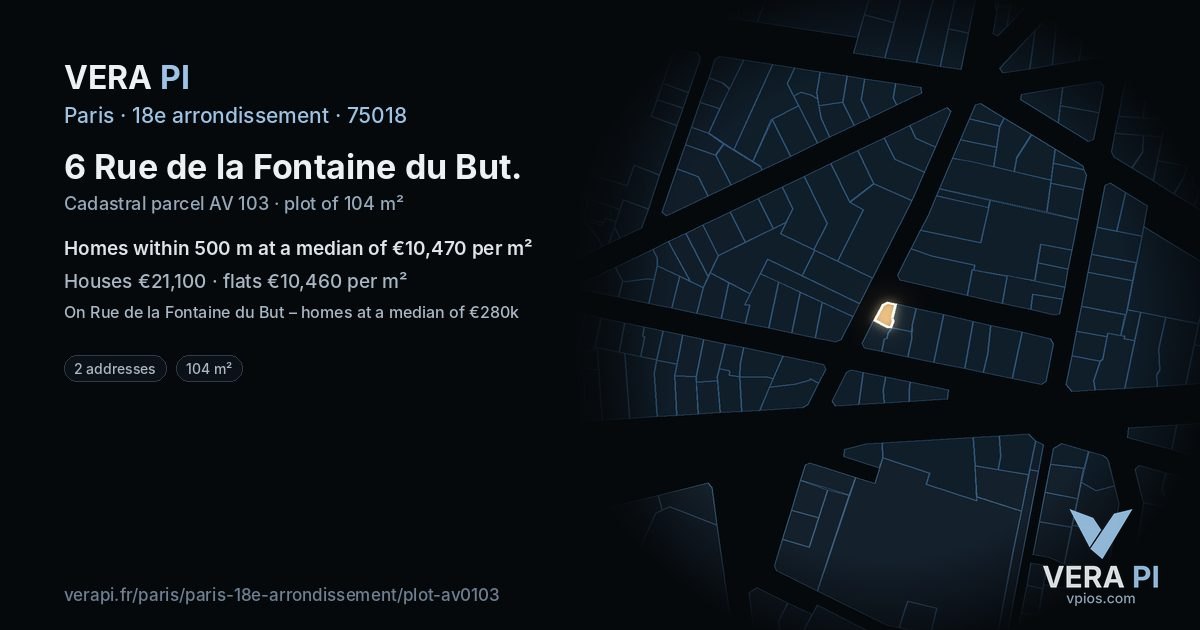 6 Rue de la Fontaine du But, 18e arrondissement at night – the plot lit, the parcels around coloured by the prices near them