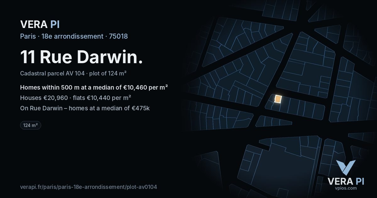 11 Rue Darwin, 18e arrondissement at night – the plot lit, the parcels around coloured by the prices near them