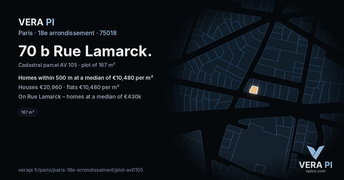 70 b Rue Lamarck, 18e arrondissement at night – the plot lit, the parcels around coloured by the prices near them