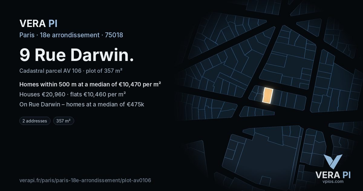 9 Rue Darwin, 18e arrondissement at night – the plot lit, the parcels around coloured by the prices near them