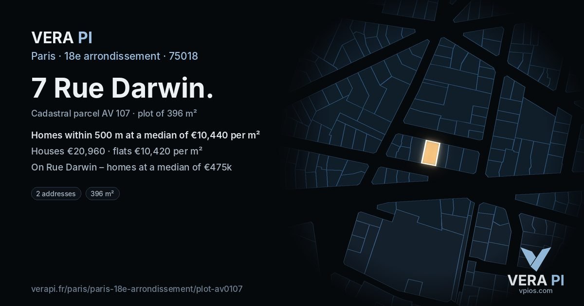 7 Rue Darwin, 18e arrondissement at night – the plot lit, the parcels around coloured by the prices near them
