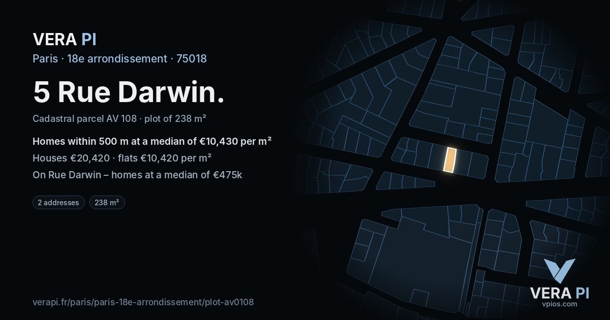 5 Rue Darwin, 18e arrondissement at night – the plot lit, the parcels around coloured by the prices near them