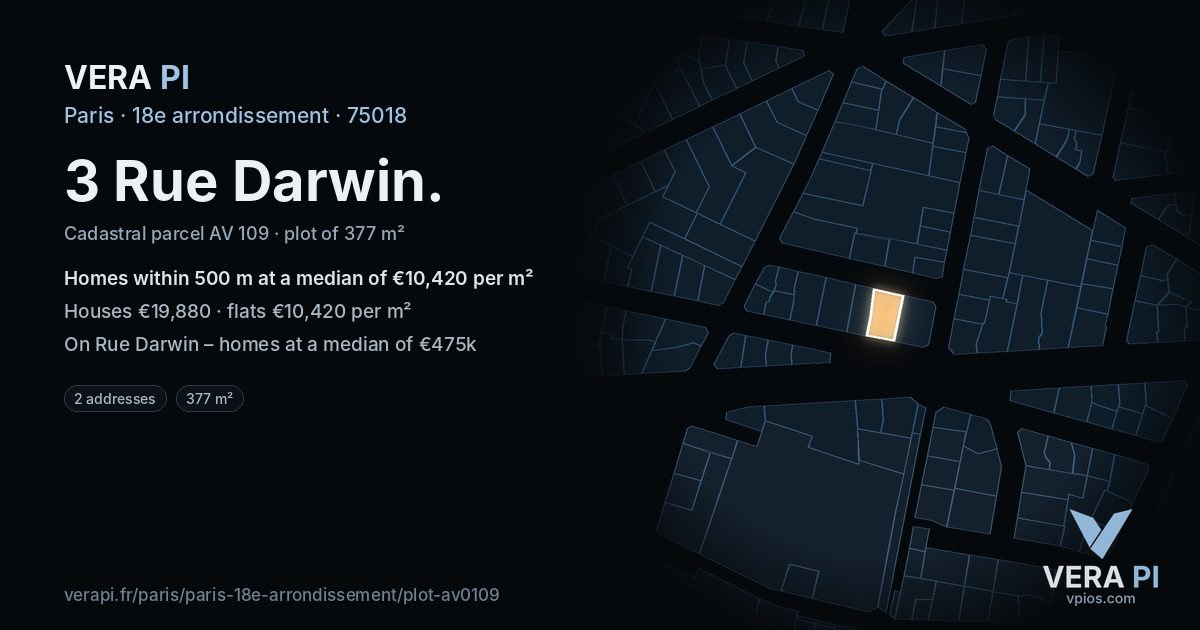3 Rue Darwin, 18e arrondissement at night – the plot lit, the parcels around coloured by the prices near them