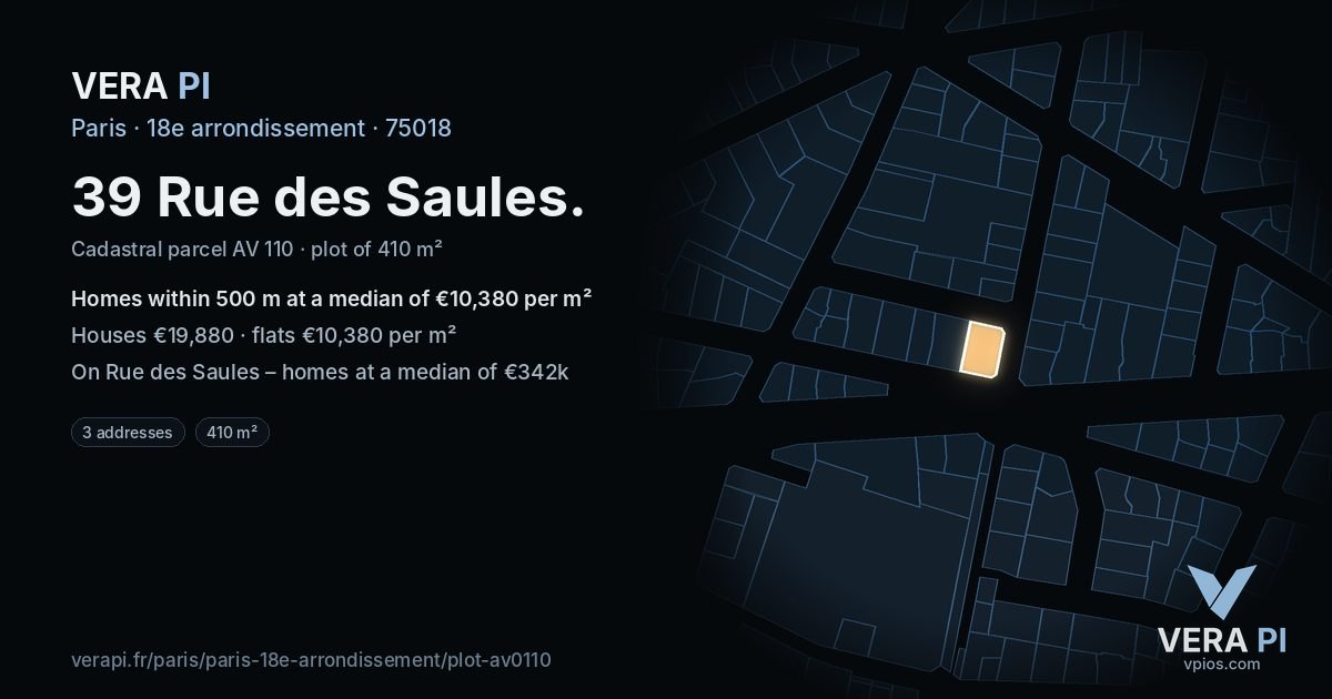 39 Rue des Saules, 18e arrondissement at night – the plot lit, the parcels around coloured by the prices near them